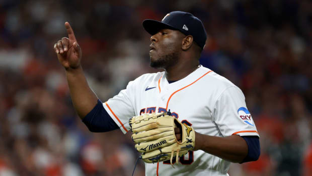 Oct 23, 2023; Houston, Texas, USA; Houston Astros pitcher Hector Neris (50) reacts after the fifth inning of game seven in the ALCS against the Texas Rangers for the 2023 MLB playoffs at Minute Maid Park. Mandatory Credit: Thomas Shea-USA TODAY Sports